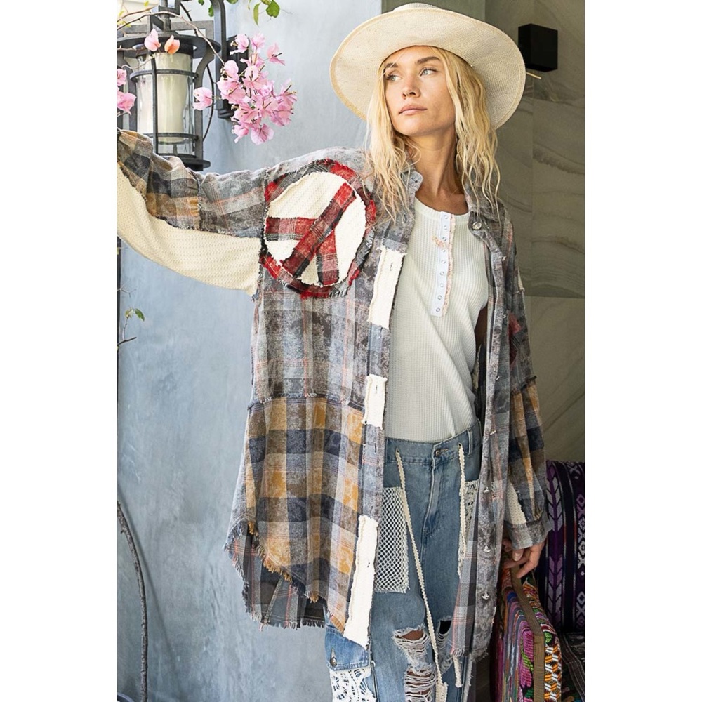 POL Blue Cream Mixed Plaid Peace Sign Patched Button Down Oversized Long